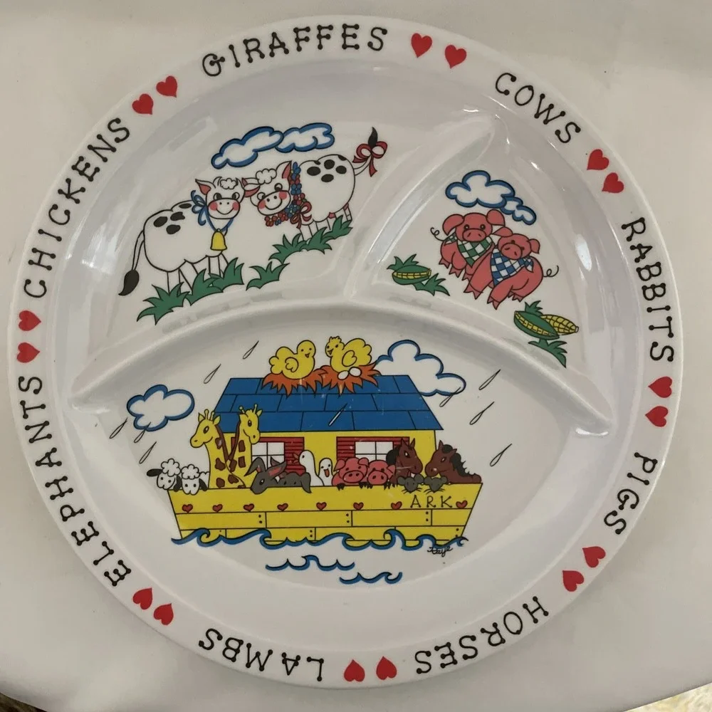 Vintage Anacapa Melamine Divided Children's Plate Noah's Ark Animals Hearts